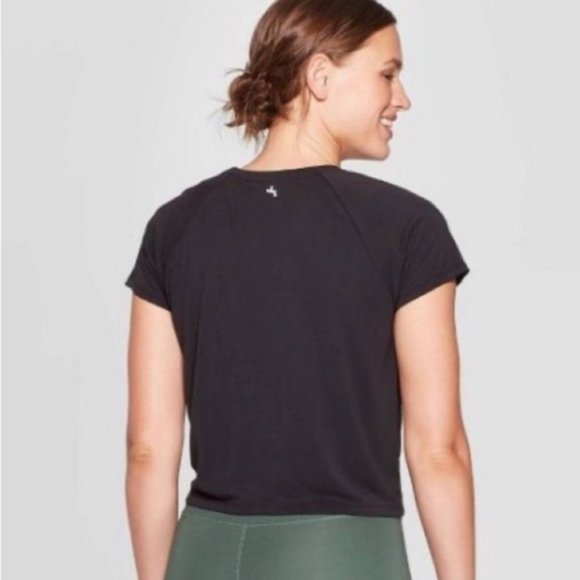 Joy Lab Tie Front Short Sleeve Black Top NWT L - Picture 2 of 6